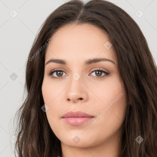 Neutral white young-adult female with long  brown hair and brown eyes