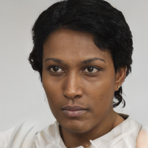 Neutral black young-adult female with short  black hair and brown eyes