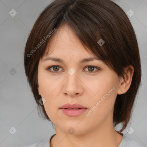 Neutral white young-adult female with medium  brown hair and brown eyes