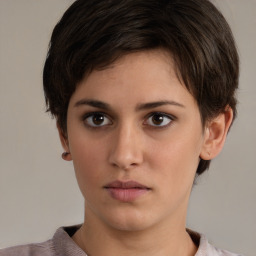 Neutral white young-adult female with short  brown hair and brown eyes