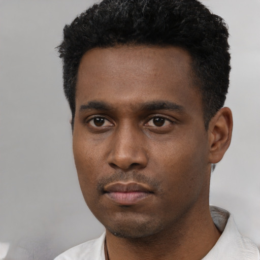 Neutral black young-adult male with short  black hair and brown eyes