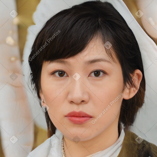 Neutral white young-adult female with medium  brown hair and brown eyes