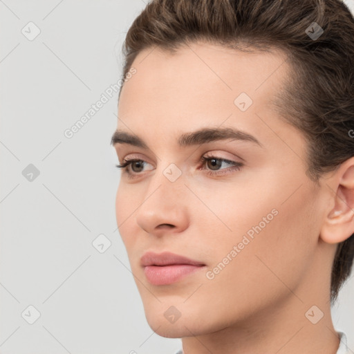 Neutral white young-adult female with medium  brown hair and brown eyes