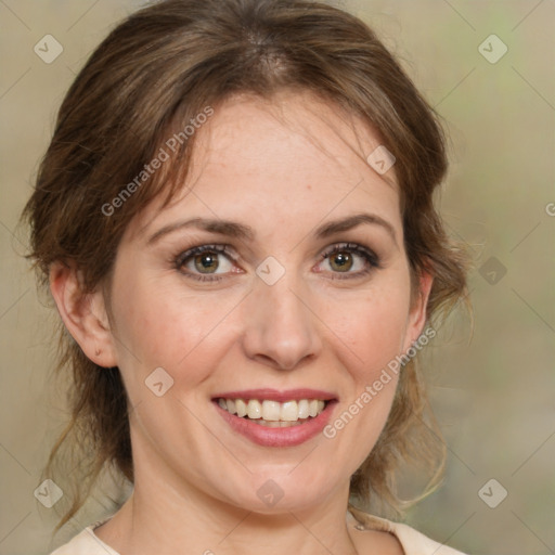 Joyful white young-adult female with medium  brown hair and green eyes