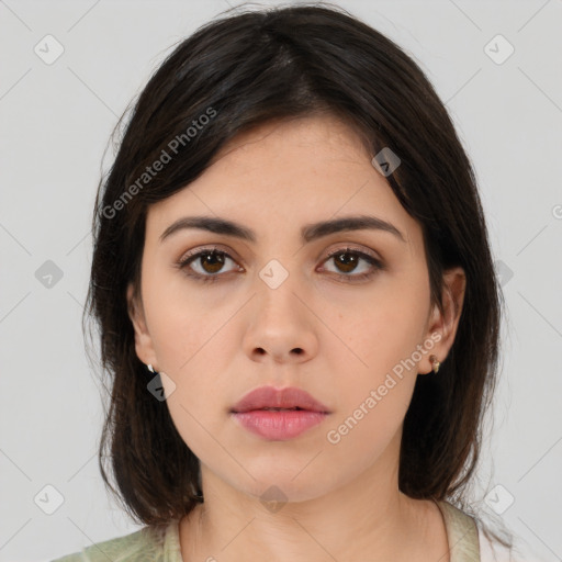 Neutral asian young-adult female with medium  brown hair and brown eyes