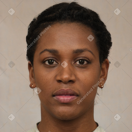 Neutral black young-adult female with short  black hair and brown eyes