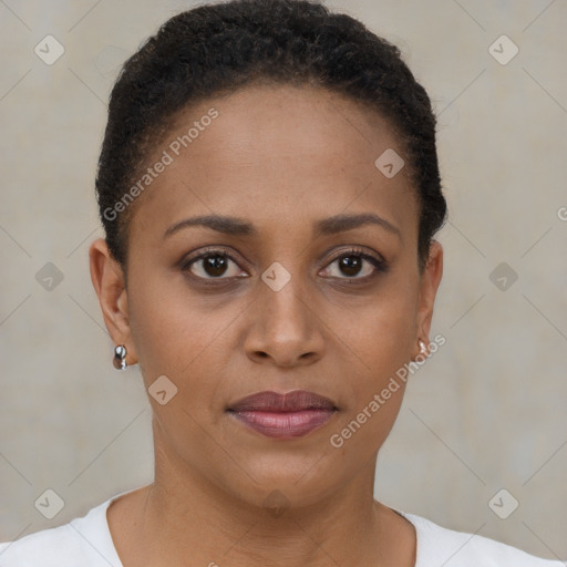 Joyful black young-adult female with short  brown hair and brown eyes