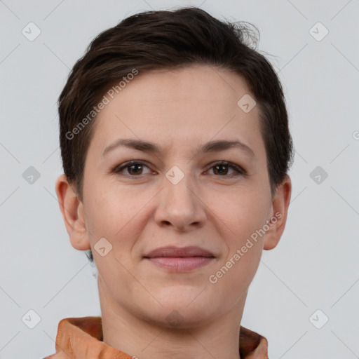 Joyful white young-adult female with short  brown hair and brown eyes