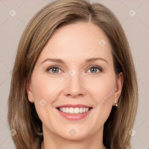 Joyful white young-adult female with medium  brown hair and green eyes