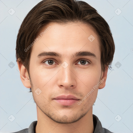 Neutral white young-adult male with short  brown hair and brown eyes