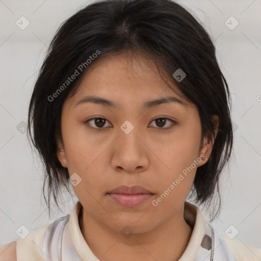 Neutral asian young-adult female with medium  brown hair and brown eyes