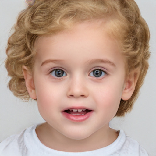 Joyful white child female with medium  brown hair and blue eyes