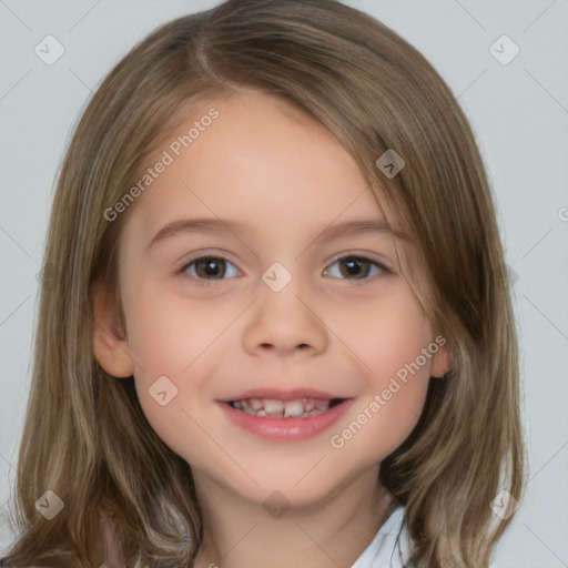 Joyful white child female with medium  brown hair and brown eyes