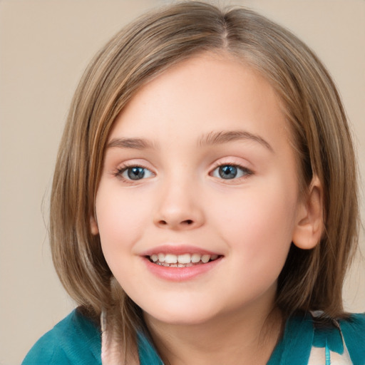 Joyful white child female with medium  brown hair and blue eyes