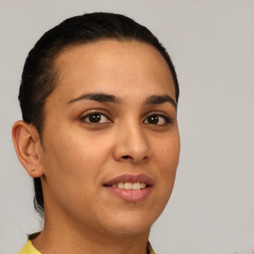 Joyful white young-adult female with short  brown hair and brown eyes