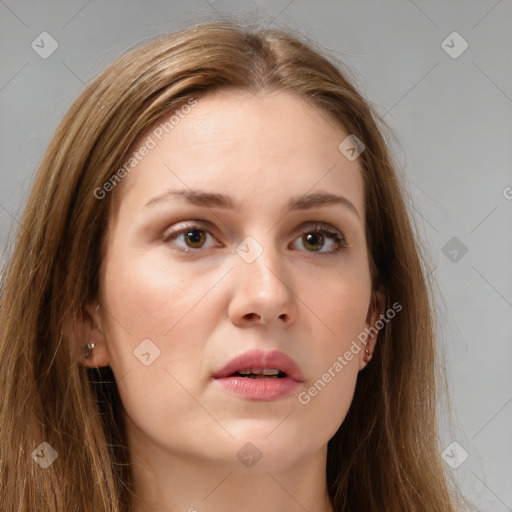 Neutral white young-adult female with long  brown hair and brown eyes