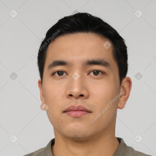 Neutral asian young-adult male with short  black hair and brown eyes