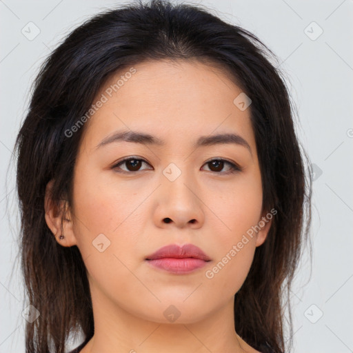 Neutral asian young-adult female with medium  brown hair and brown eyes