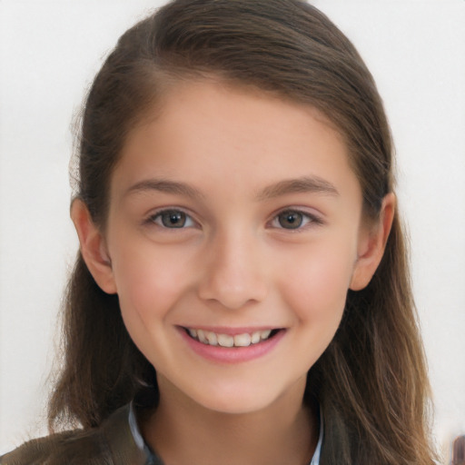 Joyful white child female with long  brown hair and brown eyes