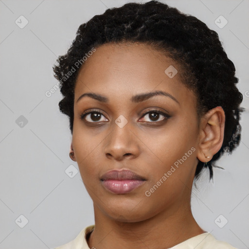 Neutral black young-adult female with short  black hair and brown eyes