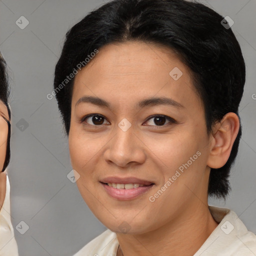 Joyful white young-adult female with medium  brown hair and brown eyes