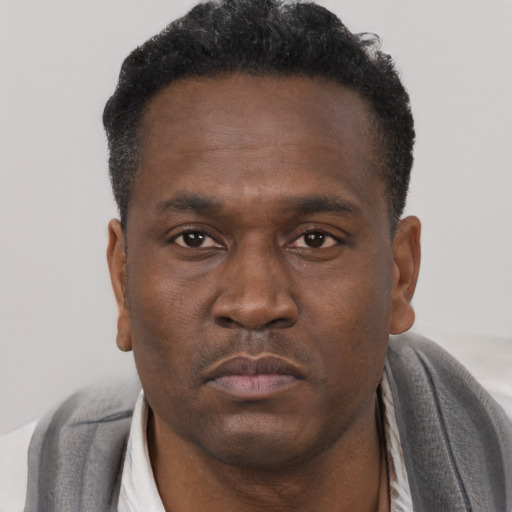 Neutral black young-adult male with short  black hair and brown eyes
