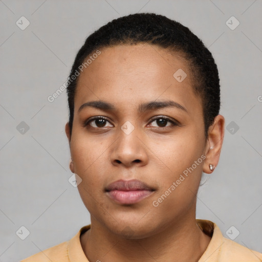 Neutral latino young-adult female with short  black hair and brown eyes