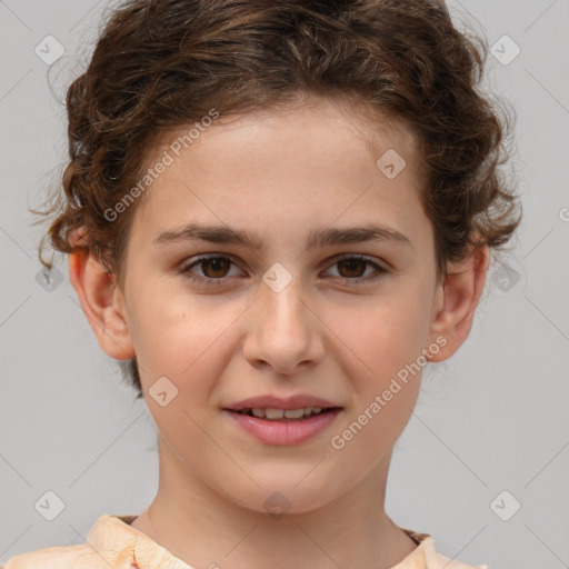 Joyful white child female with medium  brown hair and brown eyes