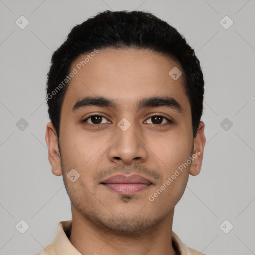 Neutral latino young-adult male with short  black hair and brown eyes