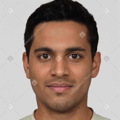 Neutral latino young-adult male with short  black hair and brown eyes