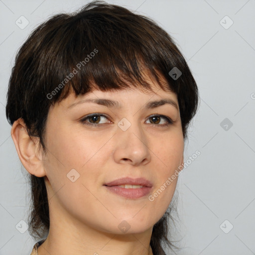 Joyful white young-adult female with medium  brown hair and brown eyes