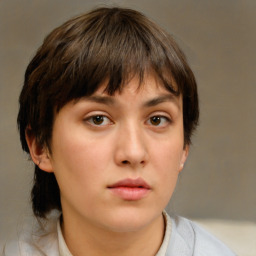 Neutral white young-adult female with short  brown hair and brown eyes