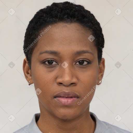 Neutral black young-adult female with short  black hair and brown eyes