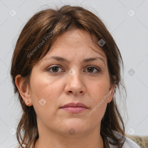 Neutral white adult female with medium  brown hair and brown eyes