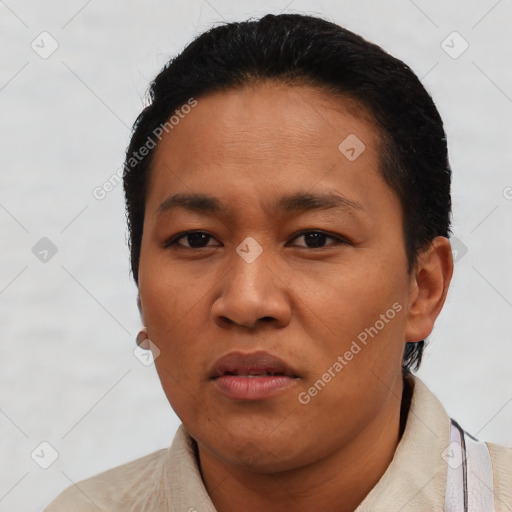 Neutral asian young-adult female with short  black hair and brown eyes