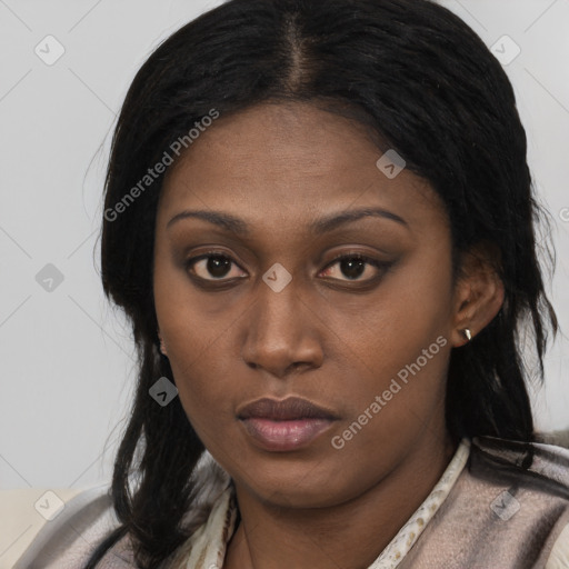 Neutral black young-adult female with long  black hair and brown eyes