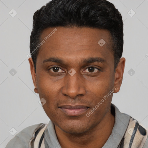 Neutral black young-adult male with short  black hair and brown eyes