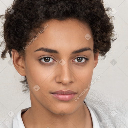 Neutral white young-adult female with short  brown hair and brown eyes