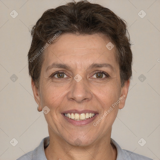 Joyful white adult female with short  brown hair and brown eyes