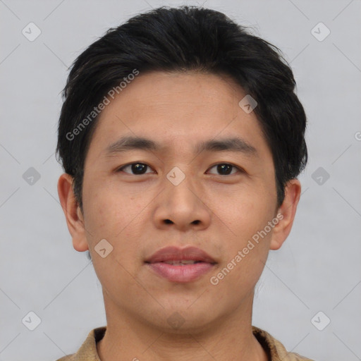 Neutral asian young-adult male with short  black hair and brown eyes