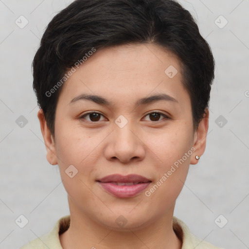 Joyful white young-adult female with short  brown hair and brown eyes