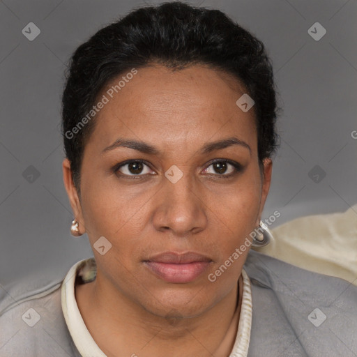 Neutral black adult female with short  brown hair and brown eyes