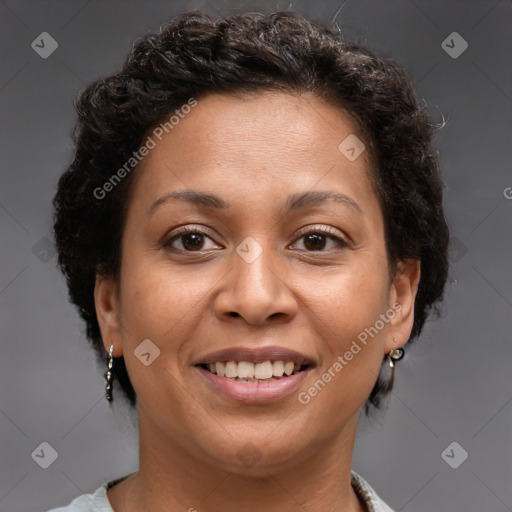 Joyful white adult female with short  brown hair and brown eyes