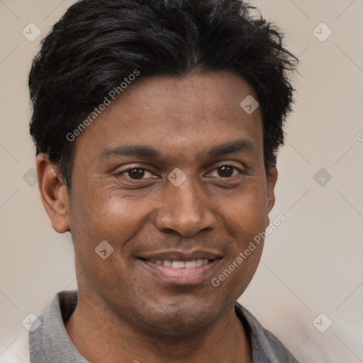 Joyful black young-adult male with short  brown hair and brown eyes