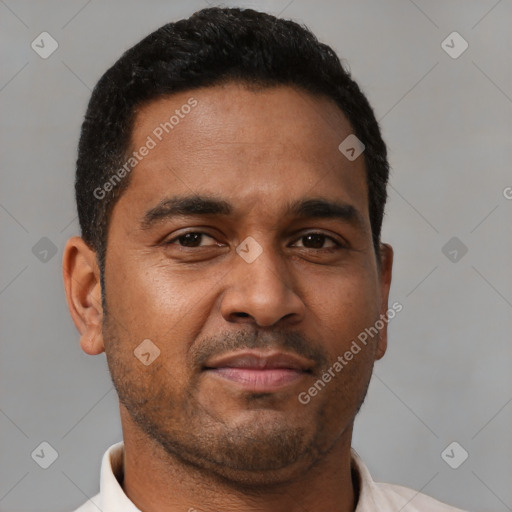 Neutral latino young-adult male with short  brown hair and brown eyes