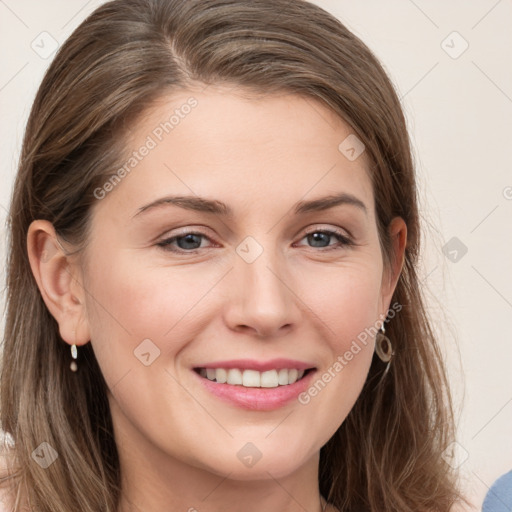 Joyful white young-adult female with long  brown hair and grey eyes