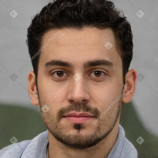 Neutral white young-adult male with short  brown hair and brown eyes