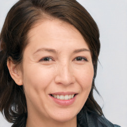 Joyful white adult female with medium  brown hair and brown eyes