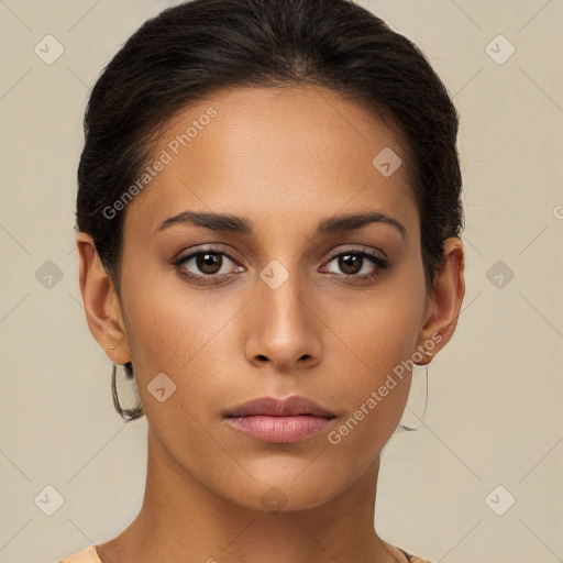 Neutral white young-adult female with short  brown hair and brown eyes