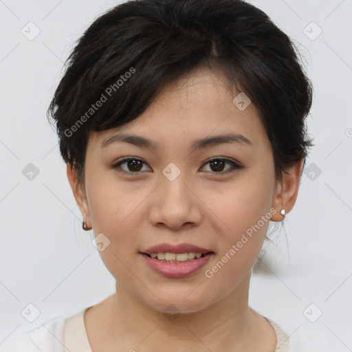 Joyful asian young-adult female with short  brown hair and brown eyes